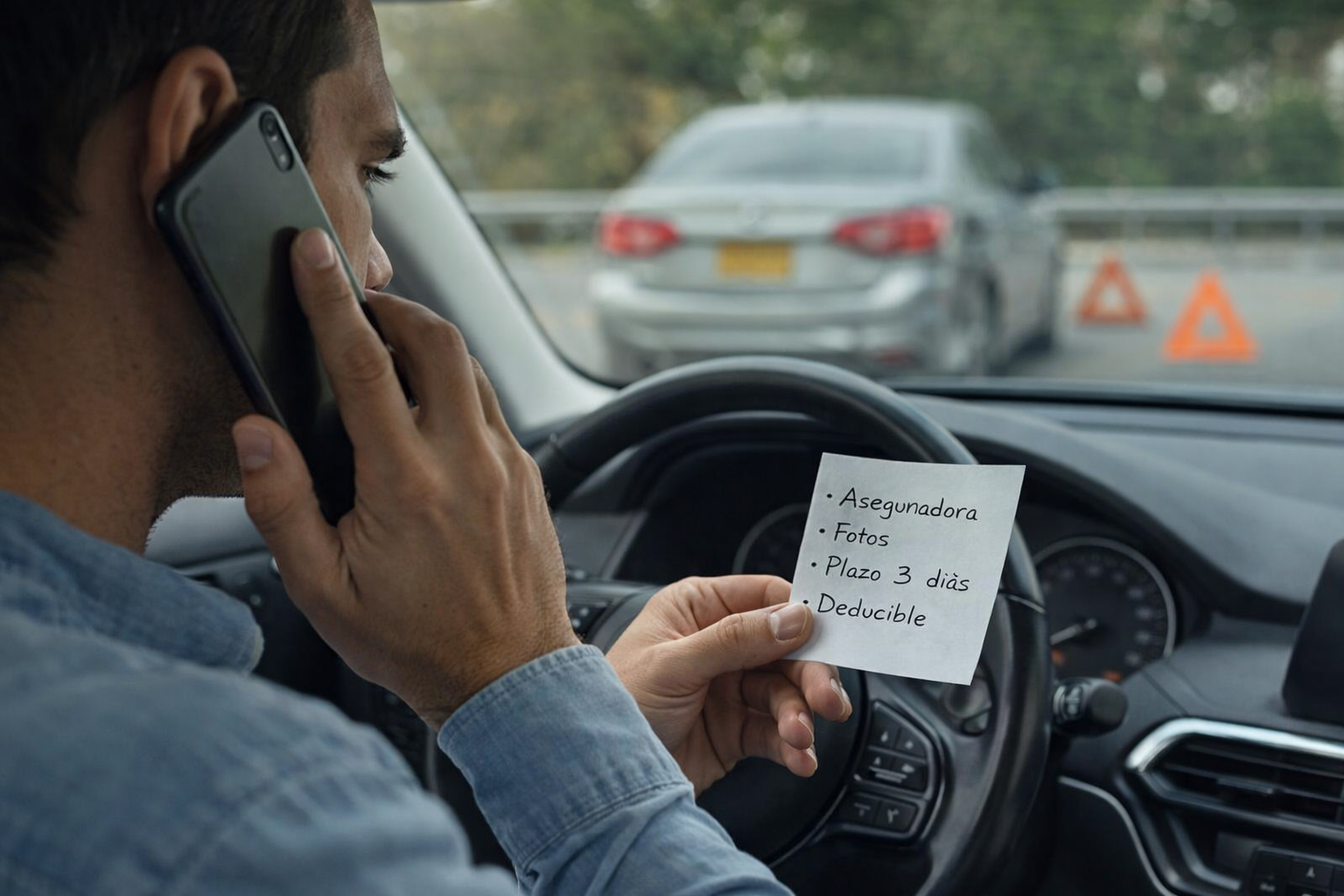 Persona en su carro llamando a la aseguradora tras un accidente con lista de pasos